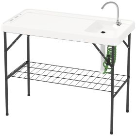 Folding Fish Cleaning Table with Sink, Portable Camping Table with Faucet, Drainage Hose, Sprayer and Shelf, White (Option: White)