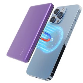 2 In 1 5000mAh 8MM Slim MagSafe Wireless Power Bank PD20W Magnetic Fast Charger Portable Phone Charger Fit For IOS Phone 15 14 13 12 Series And M (Option: Purple)