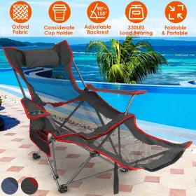 Foldable Camping Chair Collapsible Reclining Chair 330LBS Load Heavy Duty Steel Lawn Chair With Reclining Backrest Angle Cup Holder Pillow Side P (Option: Black)